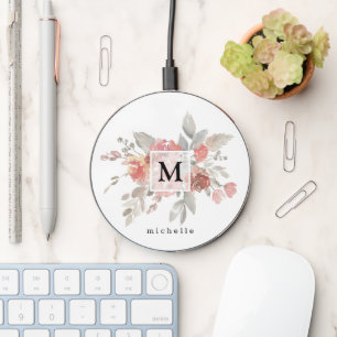 Elegant Blush Pink Floral Monogram Wireless Charger
