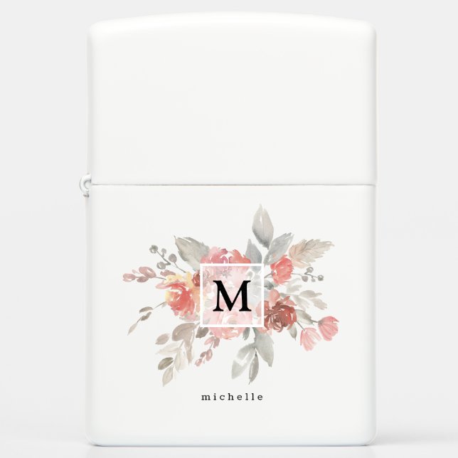 Elegant Blush Pink Floral Monogram Zippo Lighter (Front)
