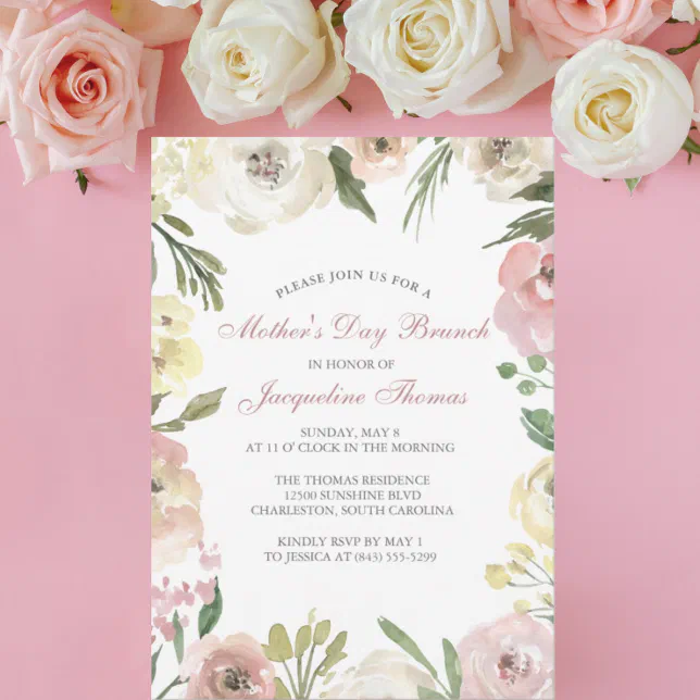 Elegant Blush Pink Floral Mother's Day Brunch Invitation | Zazzle