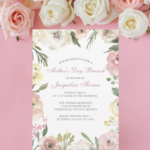 Elegant Blush Pink Floral Mothers Day Brunch Invitation