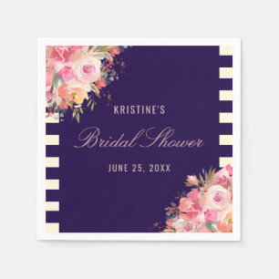 Elegant Blush Pink Floral Navy Blue Stripes Napkins