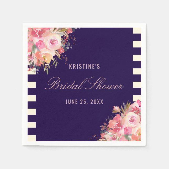 Elegant Blush Pink Floral Navy Blue Stripes Napkins (Front)