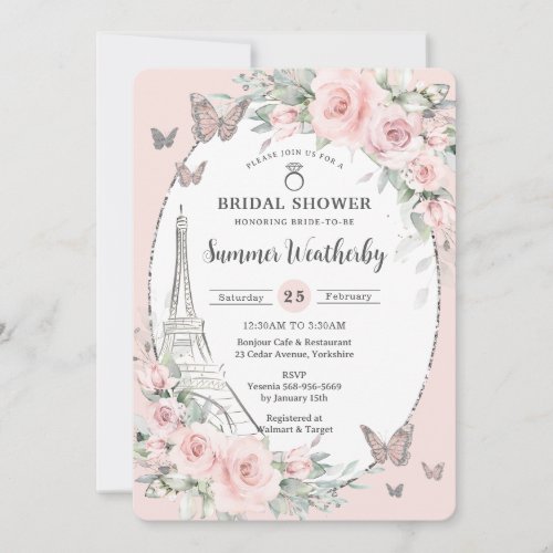 Elegant Blush Pink Floral Paris Bridal Shower  Invitation