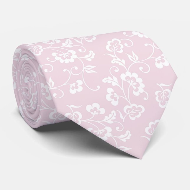 Elegant Blush Pink Floral Pattern  Neck Tie (Rolled)
