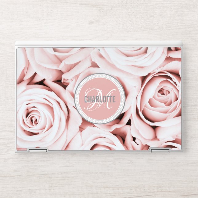 Elegant blush pink floral patterns monogram name HP laptop skin (Front)
