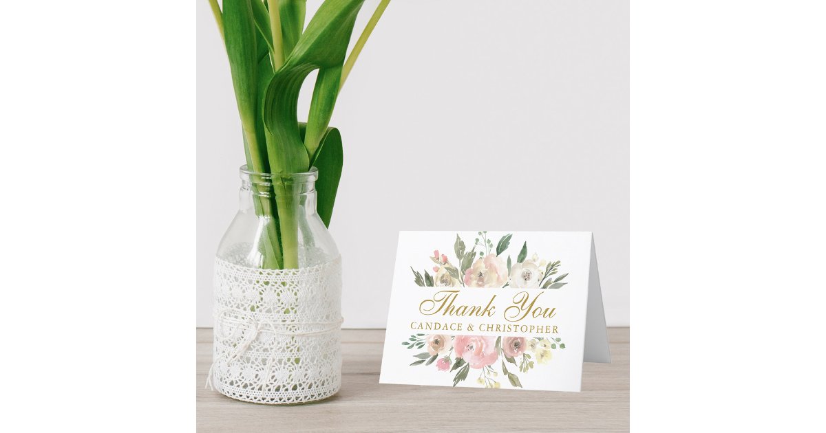 Elegant Blush Pink Floral Peony Gold Script Folded Thank You Card | Zazzle