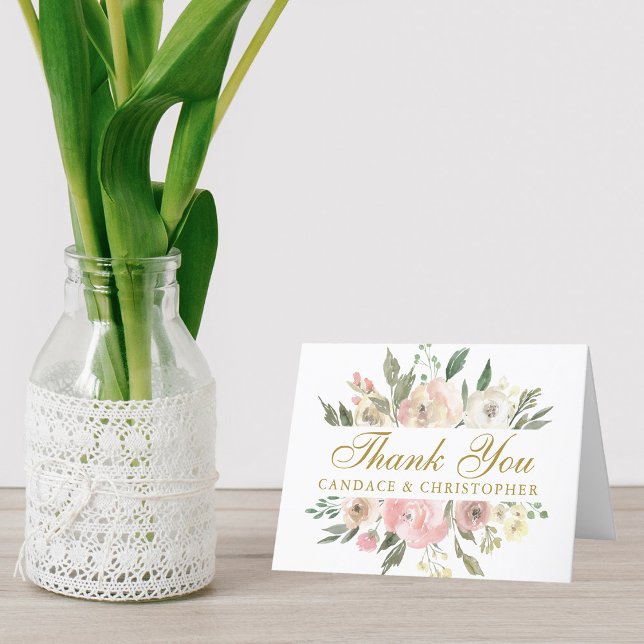 Elegant Blush Pink Floral Peony Gold Script Folded Thank You Card (Creator Uploaded)