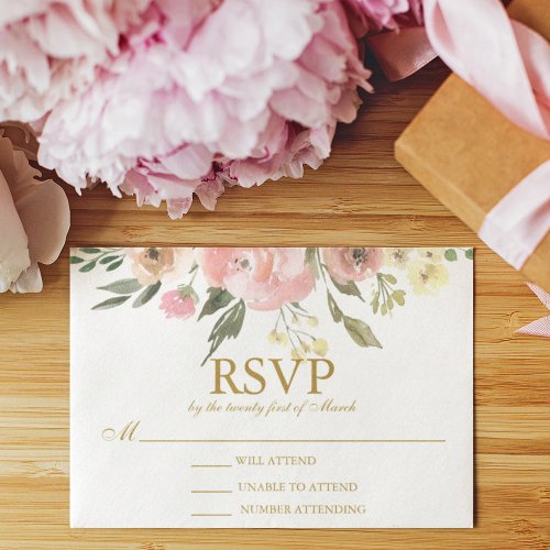 Elegant Blush Pink Floral Peony Gold Wedding RSVP Card