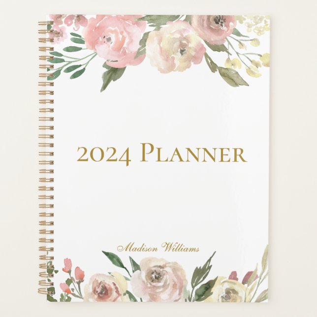Elegant Blush Pink Floral Peony Personalized 2023 Planner (Front)