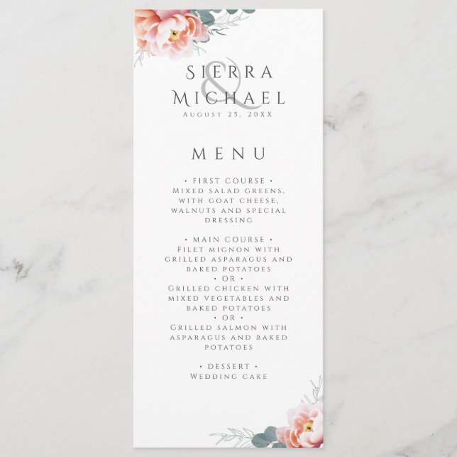 Elegant Blush Pink Floral Peony Wedding Dinner Menu (Front)