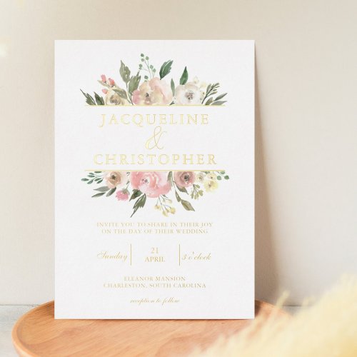 Elegant Blush Pink Floral Peony Wedding Gold Foil Invitation