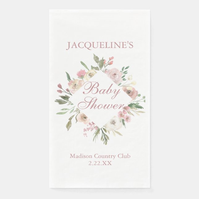 Elegant Blush Pink Floral Personalized Baby Shower Paper Guest Towels (Front)