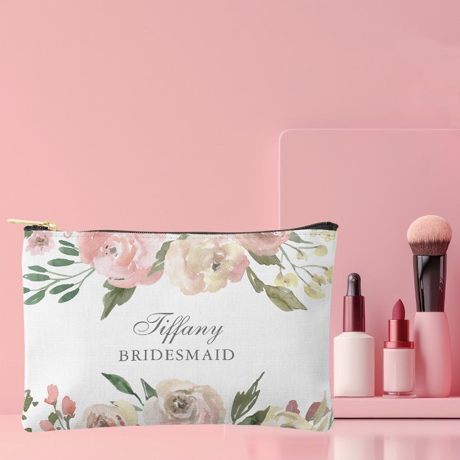 Elegant Blush Pink Floral Personalized Bridesmaid Accessory Pouch (Creator Uploaded)