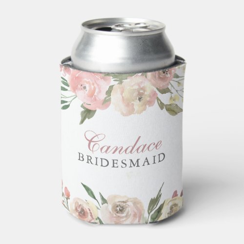 Elegant Blush Pink Floral Personalized Bridesmaid Can Cooler