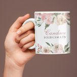 Elegant Blush Pink Floral Personalized Bridesmaid Coffee Mug<br><div class="desc">Elegant blush pink and ivory watercolor peony flowers frame the top and bottom of this lovely spring wedding mug for your bridal party. The sprigs of sage green leaves decorate in the midst of the peach floral peonies that surround your bridesmaid or maid of honor personalized name in calligraphy.</div>