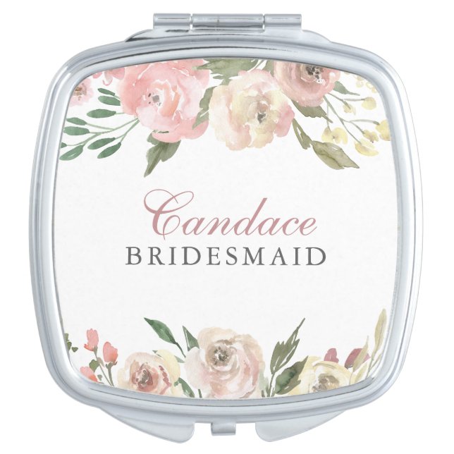 Elegant Blush Pink Floral Personalized Bridesmaid Compact Mirror (Front)