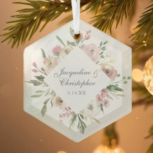 Elegant Blush Pink Floral Personalized Wedding Glass Ornament