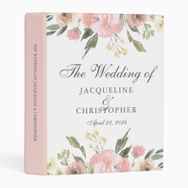 Elegant Blush Pink Floral Personalized Wedding Mini Binder (Front/Spine)