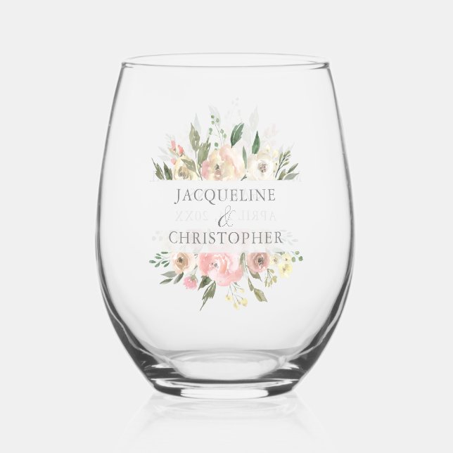 Elegant Blush Pink Floral Personalized Wedding Stemless Wine Glass (Front)