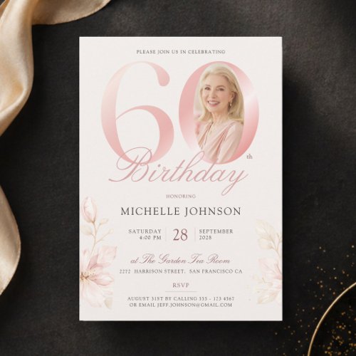 Elegant Blush Pink Floral Photo 60th Birthday Invitation