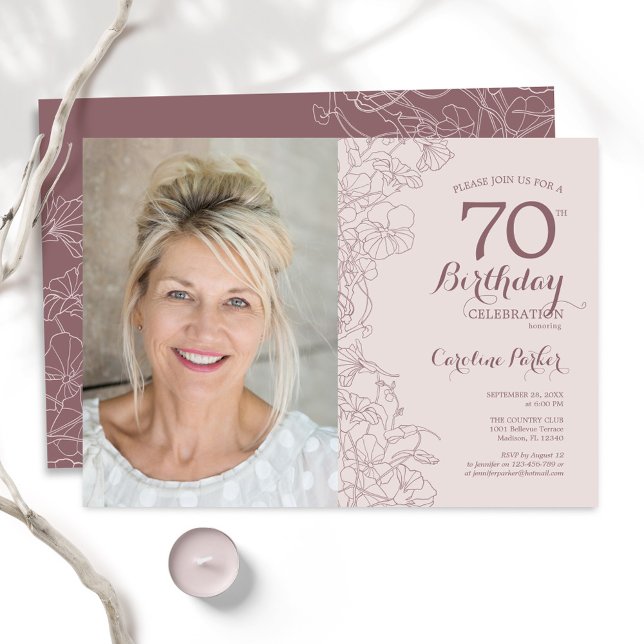 Elegant Blush Pink Floral Photo 70th Birthday Invitation (Creator Uploaded)