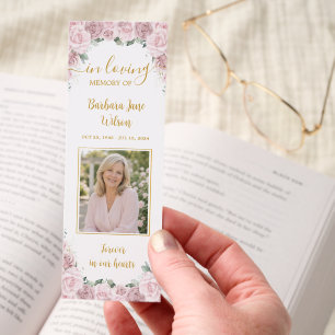 Elegant Blush Pink Floral Photo Funeral Memorial Bookmarks