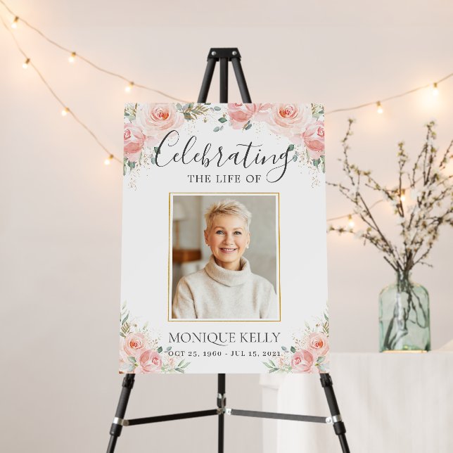 Elegant Blush Pink Floral Photo Funeral Memorial  Foam Board (In Situ (Stand))