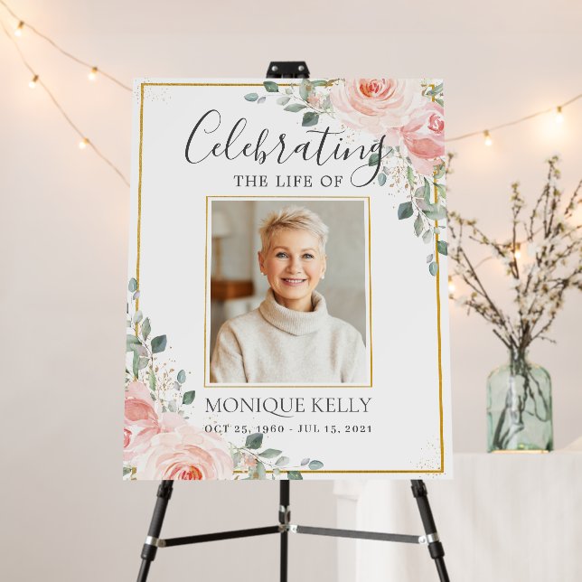 Elegant Blush Pink Floral Photo Funeral Memorial  Foam Board (In Situ (Stand))