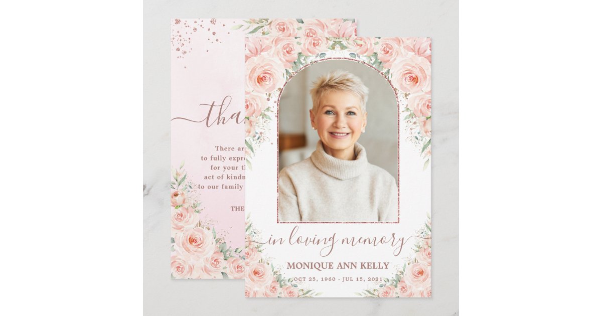 Elegant Blush Pink Floral Photo Funeral Memorial Thank You Card | Zazzle