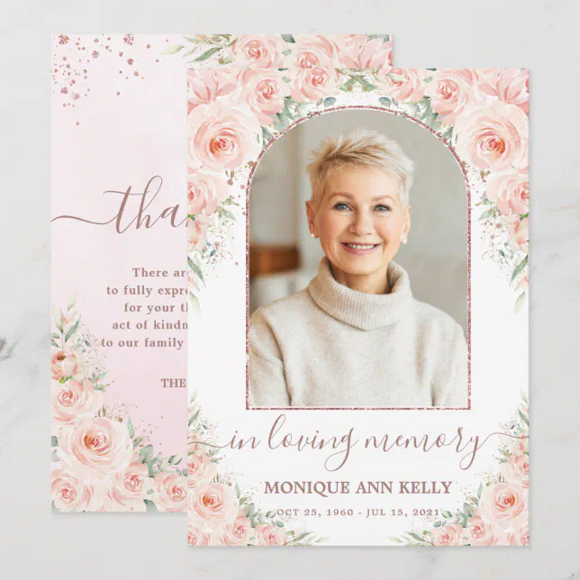 Elegant Blush Pink Floral Photo Funeral Memorial Thank You Card | Zazzle