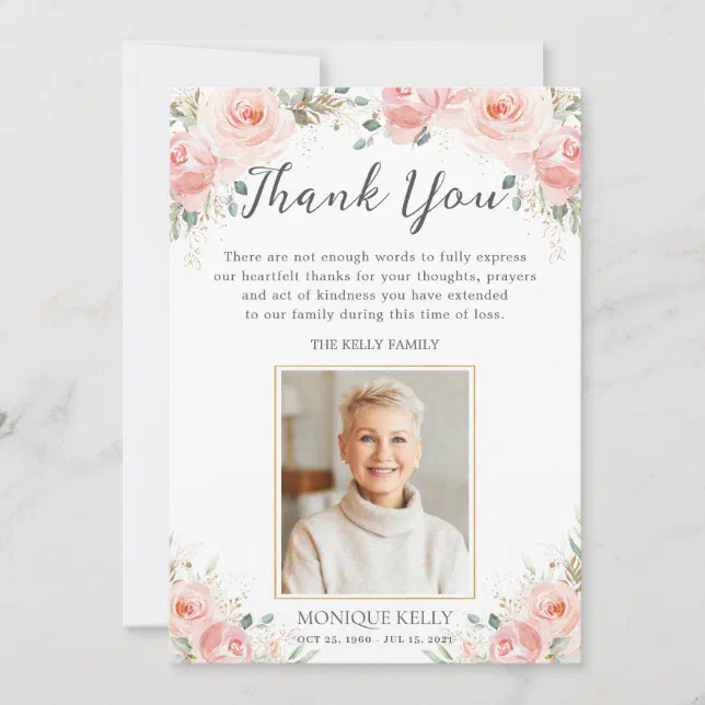 Elegant Blush Pink Floral Photo Funeral Memorial Thank You Card | Zazzle