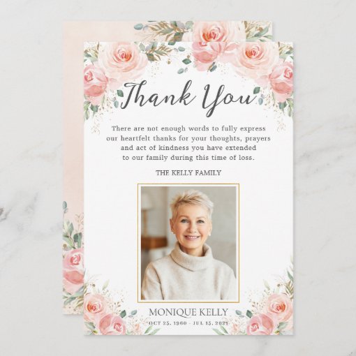 Elegant Blush Pink Floral Photo Funeral Memorial Thank You Card | Zazzle