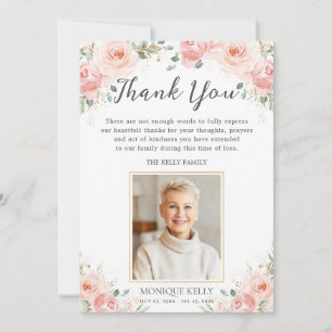 Elegant Blush Pink Floral Photo Funeral Memorial Thank You Card