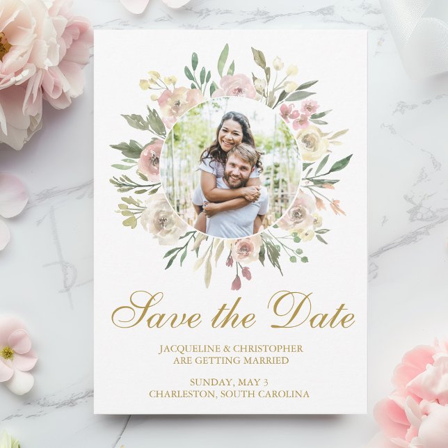 Elegant Blush Pink Floral Photo Gold Save The Date (Creator Uploaded)