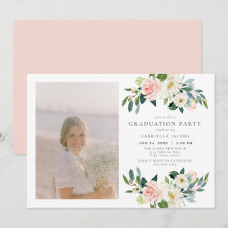 Elegant Blush Pink Floral Photo Graduation Party Invitation