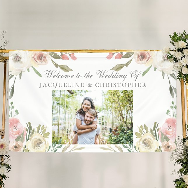 Elegant Blush Pink Floral Photo Wedding Welcome Banner (Creator Uploaded)