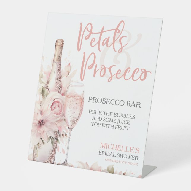 Elegant Blush Pink Floral Prosecco Bar Pedestal Sign (Front)