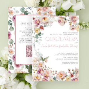 Elegant Blush Pink Floral QR Quinceañera  Invitation