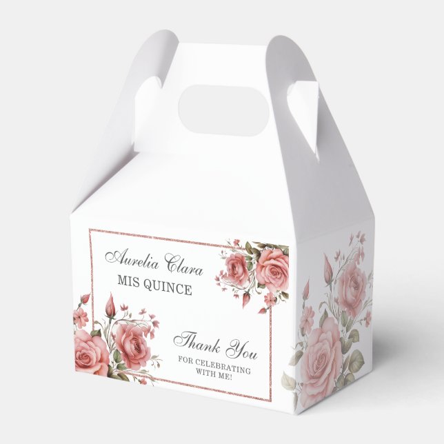 Elegant Blush Pink Floral Quinceañera Birthday  Favor Boxes (Front Side)