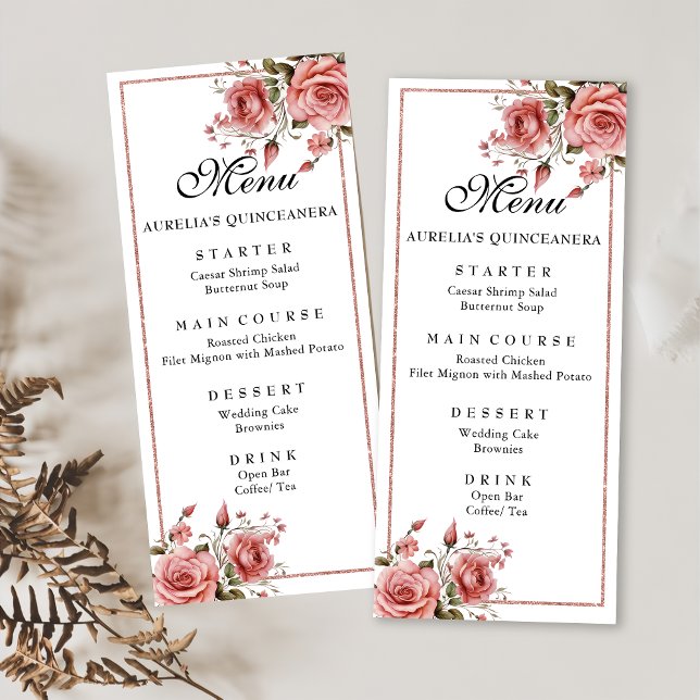 Elegant Blush Pink Floral Quinceanera Birthday Menu (Creator Uploaded)