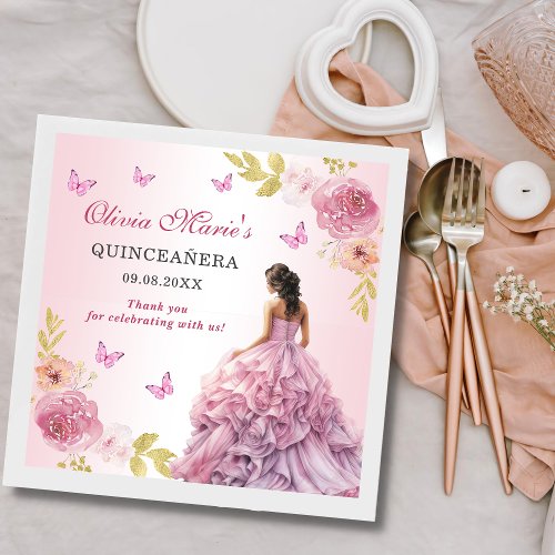 Elegant Blush Pink Floral Quinceaera Birthday Napkins