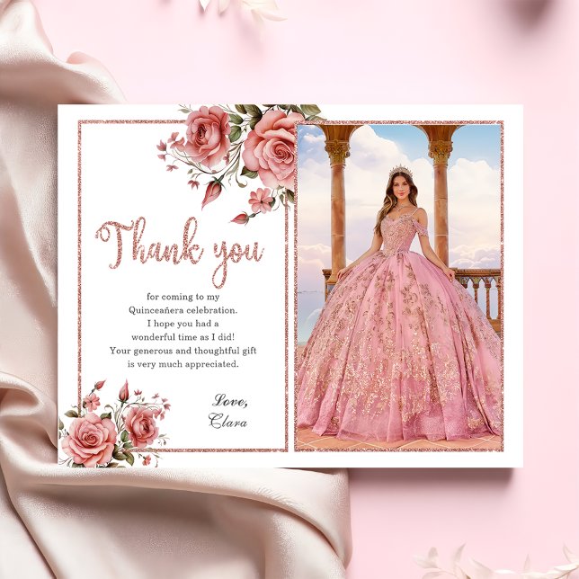 Elegant Blush Pink Floral Quinceañera Birthday Thank You Card (Creator Uploaded)