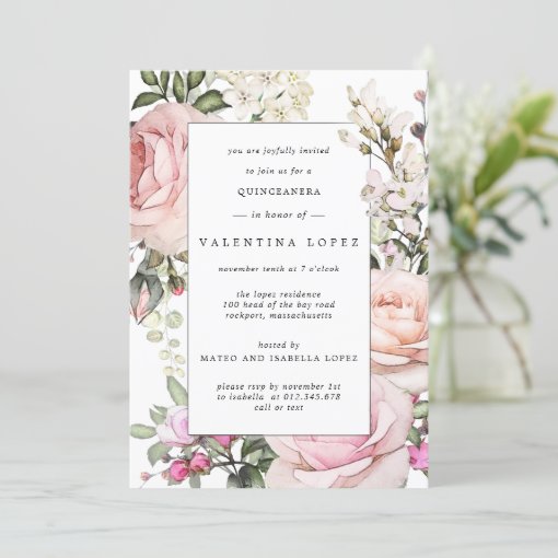 Elegant Blush Pink Floral Quinceanera Invitation | Zazzle