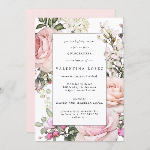 Elegant Blush Pink Floral Quinceanera Invitation