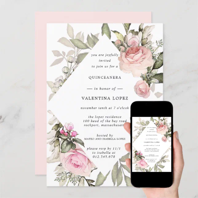 Elegant Blush Pink Floral Quinceanera Invitation | Zazzle