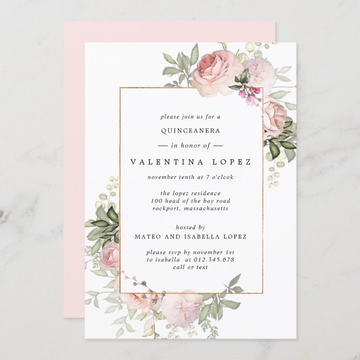 Elegant Blush Pink Floral Quinceanera Invitation | Zazzle