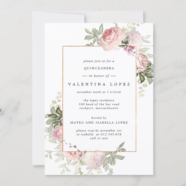 Elegant Blush Pink Floral Quinceanera Invitation