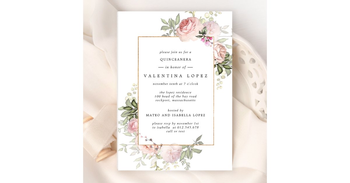 Elegant Blush Pink Floral Quinceanera Invitation