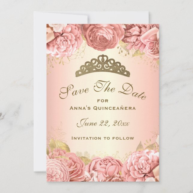 Elegant Blush Pink Floral Quinceanera Save The Date (Front)