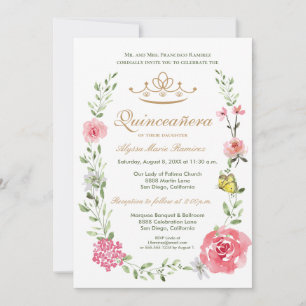 Elegant Blush Pink Floral Quinceañera Tiara Invitation